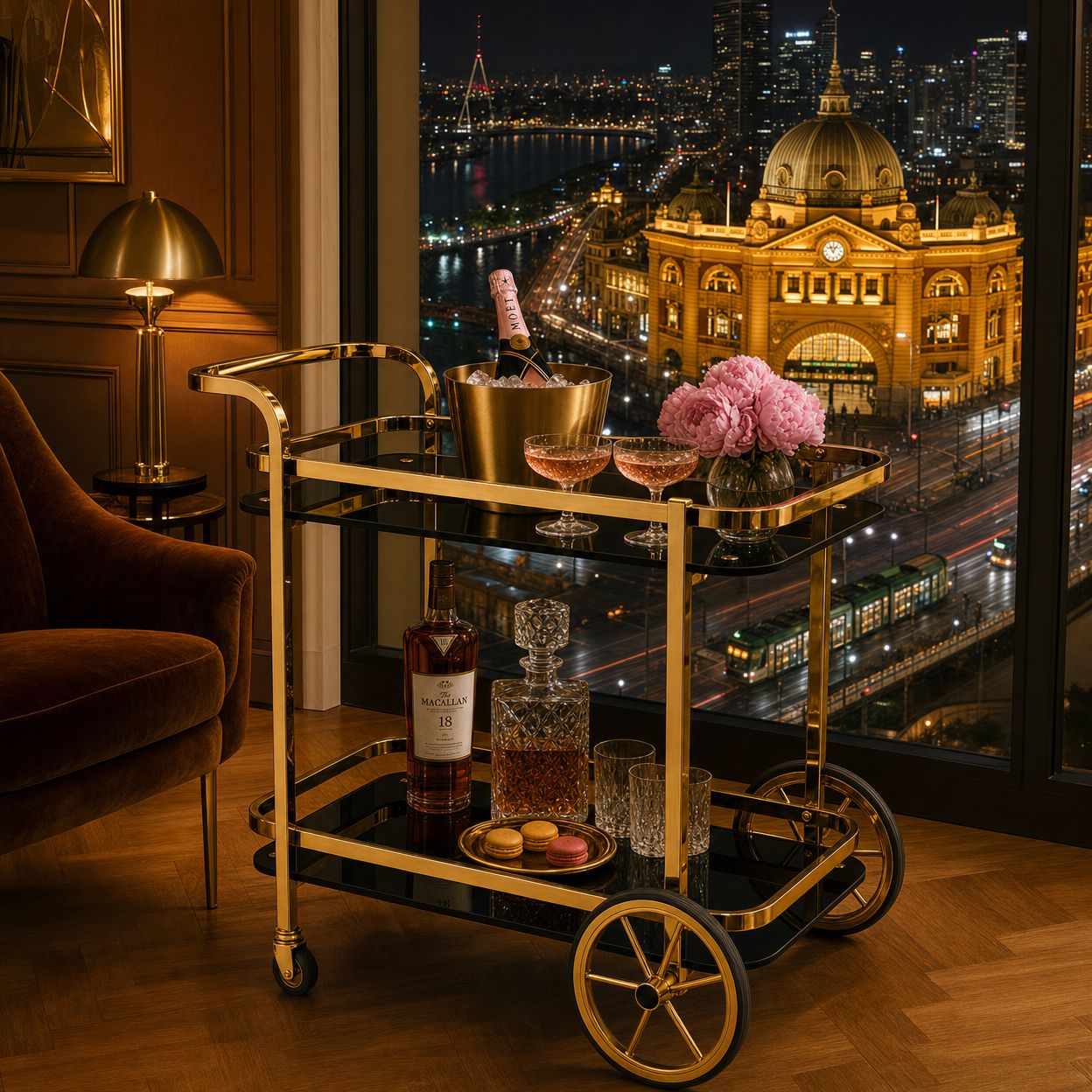 Le Versailles gold drinks trolley in luxury Melbourne apartment overlooking CBD skyline and Eureka Tower at night