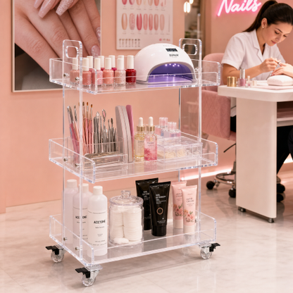 Crystal Clear Acrylic Rolling Salon Cart in nail salon — clear acrylic nail trolley with deep tray shelves and raised edges