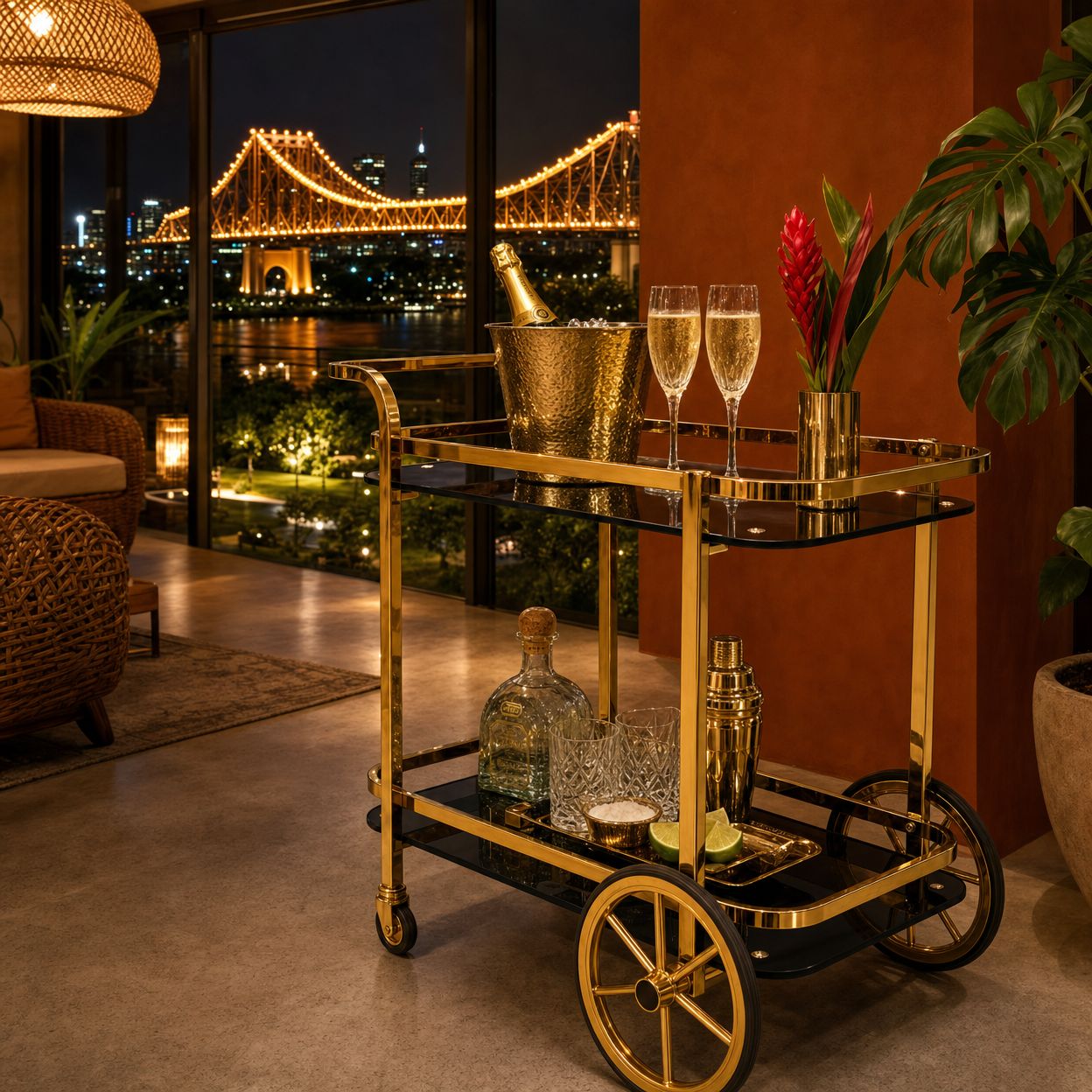 Gold bar cart Brisbane — Le Versailles two-tier drinks trolley in premium home with Story Bridge view at night