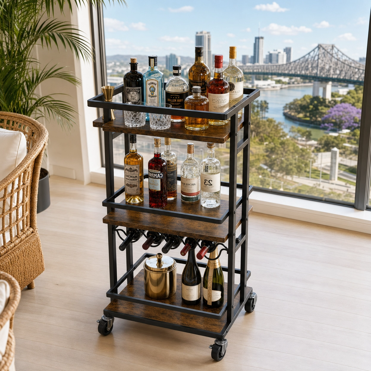 Oslo three-tier wine serving cart in Brisbane home interior — Nordic industrial bar cart with wine rack
