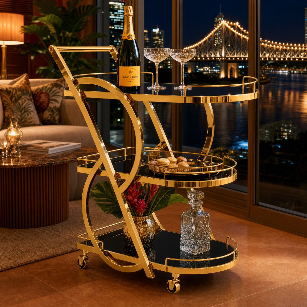 Teneriffe gold drinks trolley in Brisbane home interior — three-tier curved bracket gold bar cart