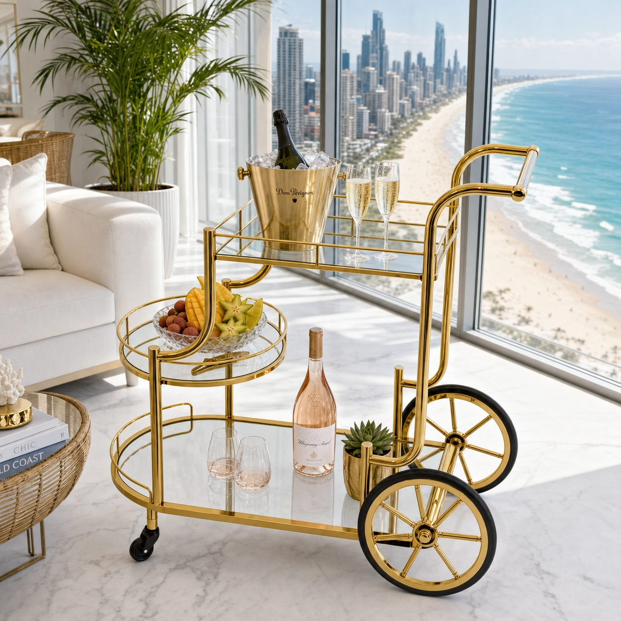 The Chateau three-tier trolley side view — premium gold mirror bar cart Australia