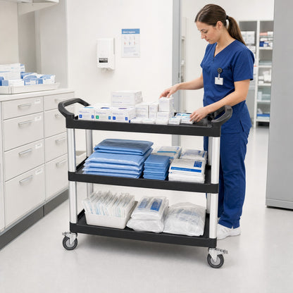 Commercial three-tier utility cart in medical clinic — multi-purpose service trolley for hospitals and clinics Australia