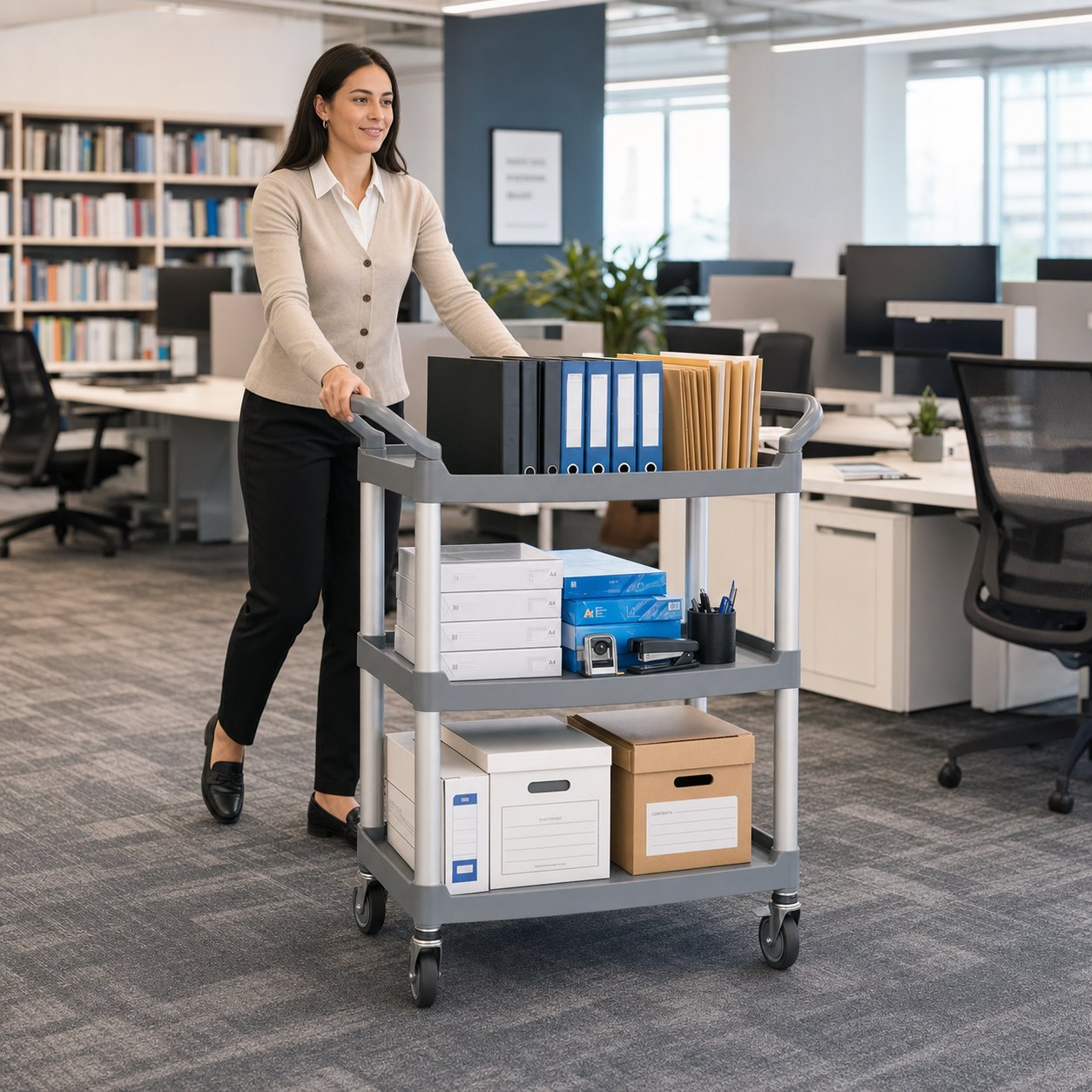 Commercial three-tier utility cart in office — multi-purpose storage trolley for office supply transport Australia