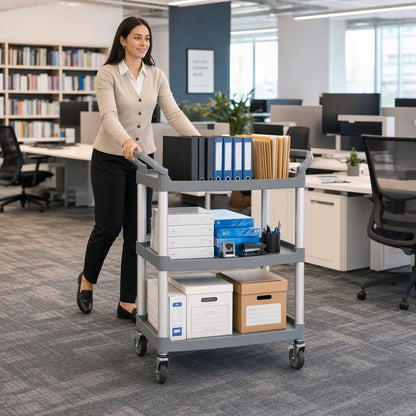 Commercial three-tier utility cart in office — multi-purpose storage trolley for office supply transport Australia