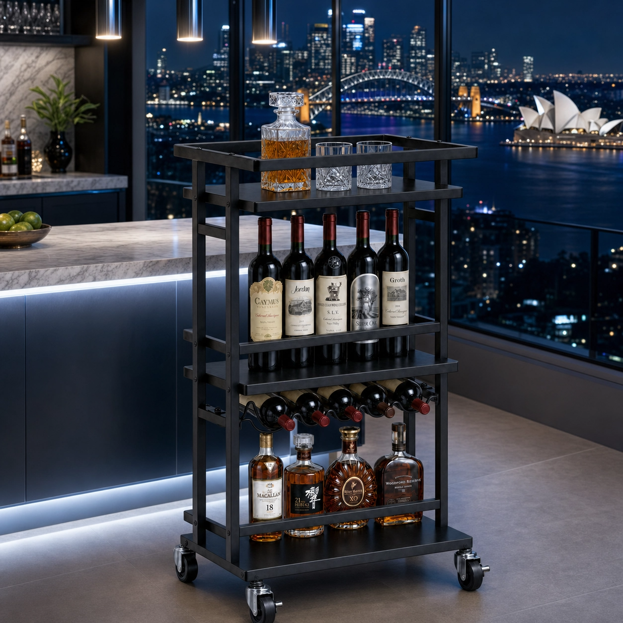 Oslo three-tier wine serving cart in Sydney living room — industrial Nordic bar cart with wine rack Australia