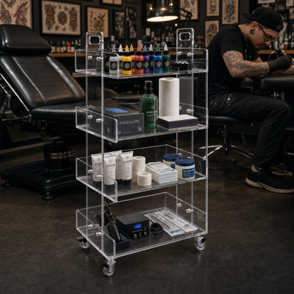 Crystal Clear Acrylic Rolling Salon Cart in tattoo studio — clear acrylic rolling trolley for professional workspaces Australia