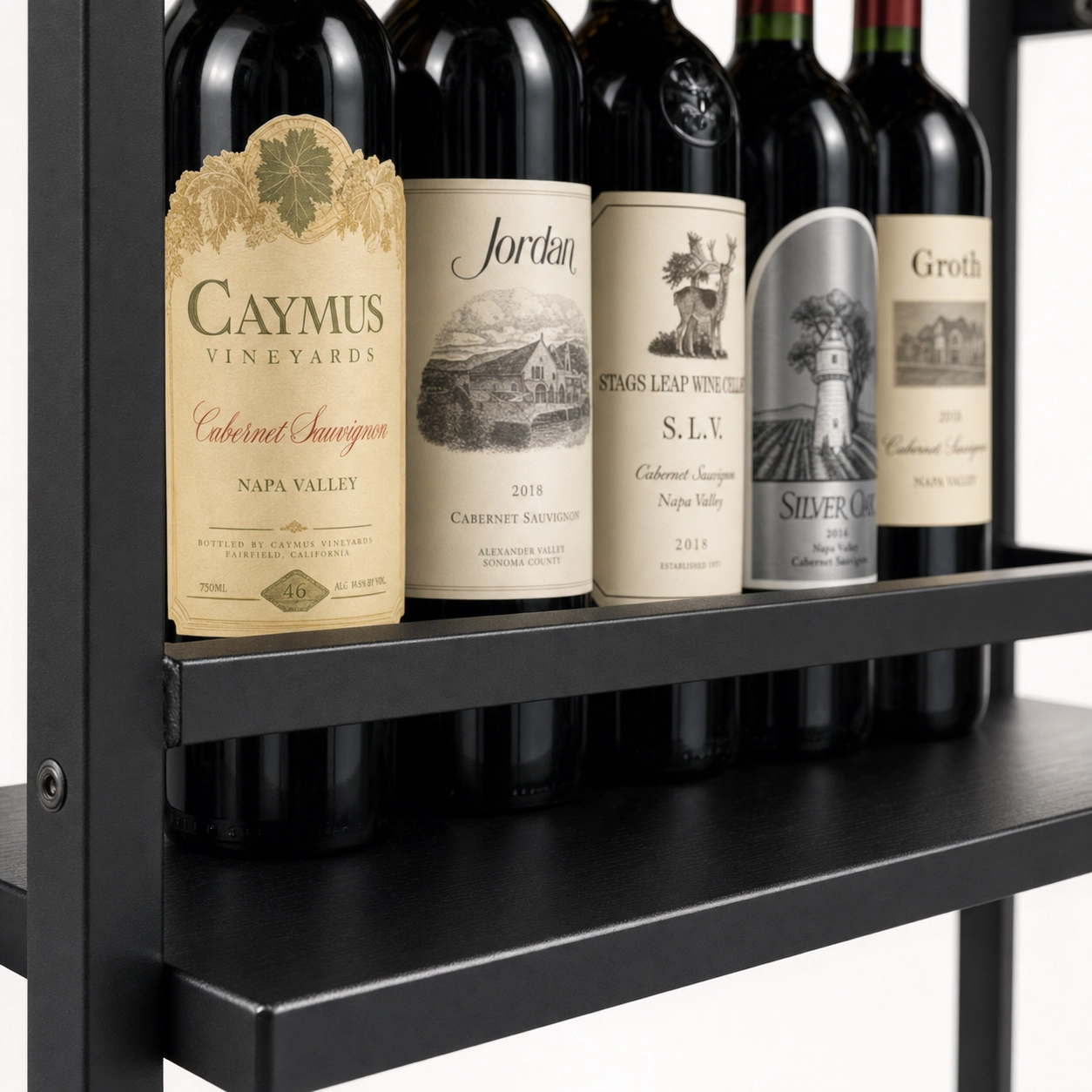 Close-up of Oslo wine cart Onyx Black metal frame and guardrail — three-tier industrial bar cart detail