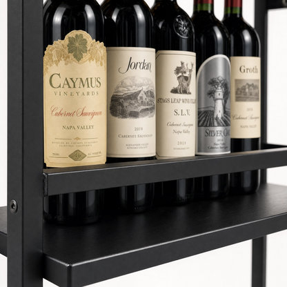 Close-up of Oslo wine cart Onyx Black metal frame and guardrail — three-tier industrial bar cart detail