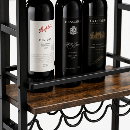 Close-up of Oslo wine cart brown wood shelf with black metal guardrails — industrial bar cart detail