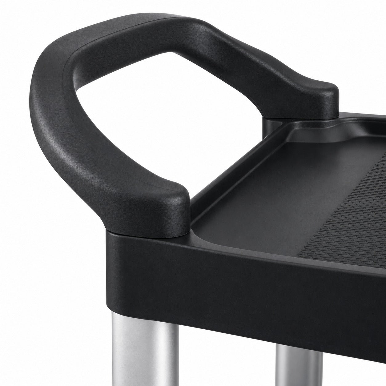 Close-up of commercial utility cart Graphite Grey ergonomic handle — heavy-duty service trolley detail