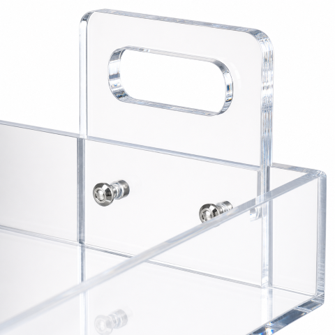 Close-up of Crystal Clear Acrylic Salon Cart integrated push handle — transparent beauty trolley ergonomic grip detail
