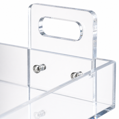 Close-up of Crystal Clear Acrylic Salon Cart integrated push handle — transparent beauty trolley ergonomic grip detail