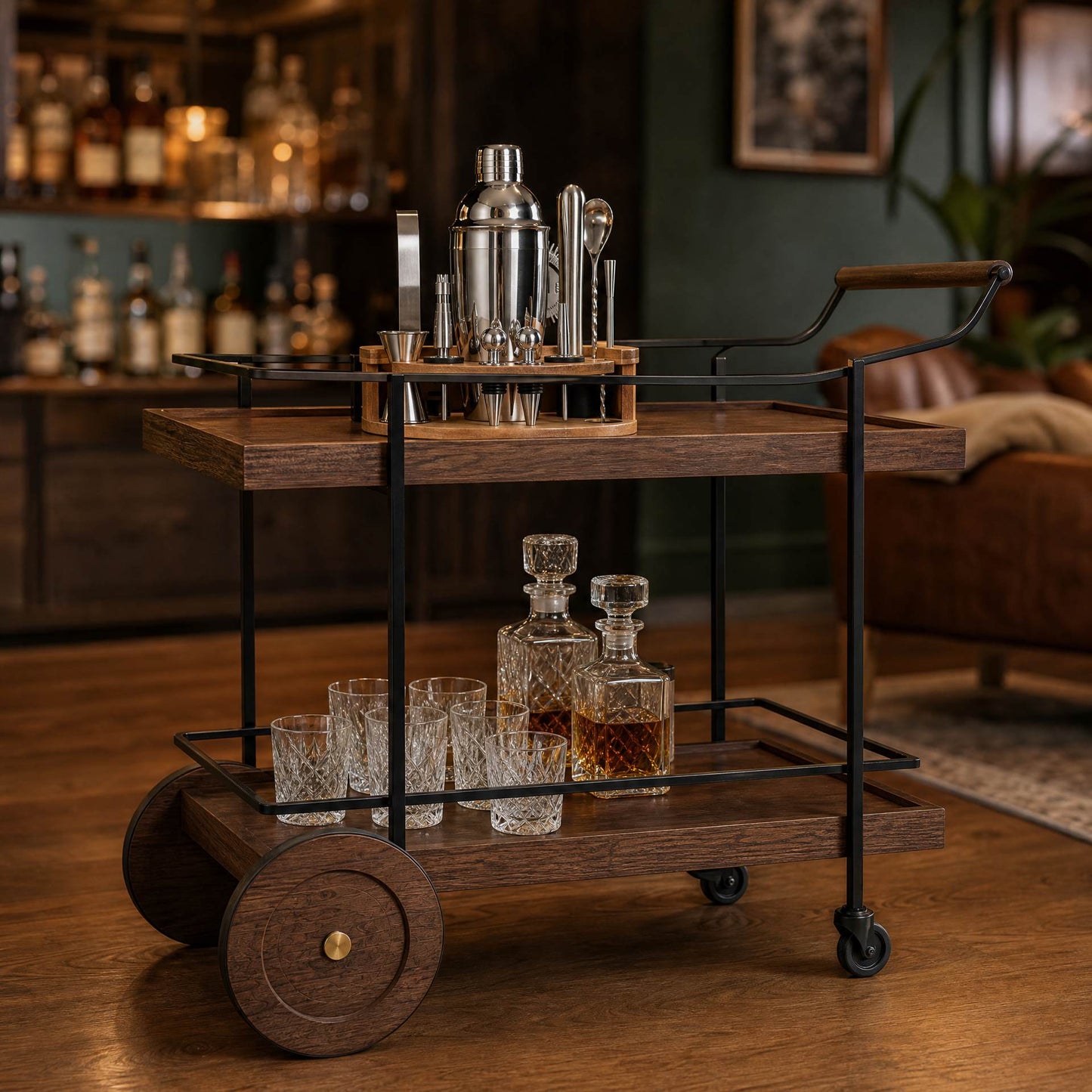 The Mixologist bartender kit styled on The Fitzroy Wood and Iron Bar Cart
