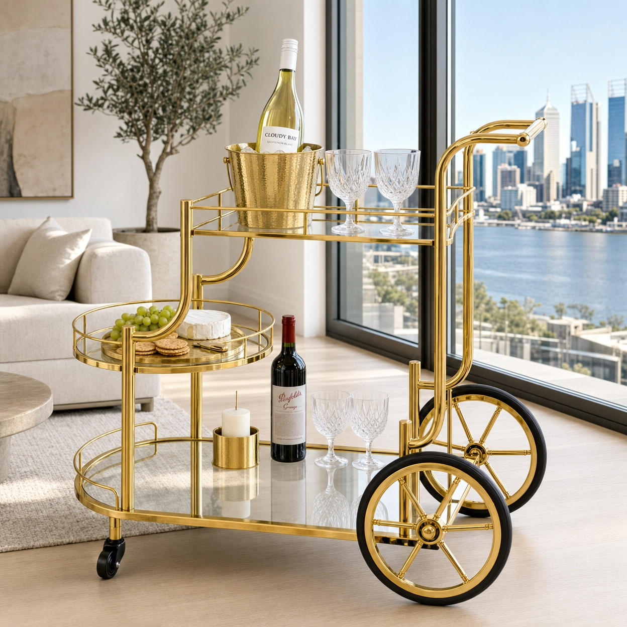The Chateau three-tier trolley side view — premium gold mirror bar cart Australia