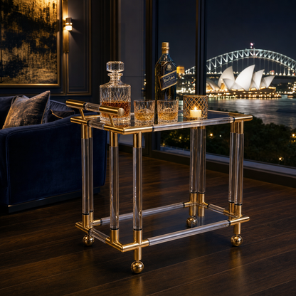 The Lake Mackenzie acrylic trolley in living room — modern gold bar cart Australia