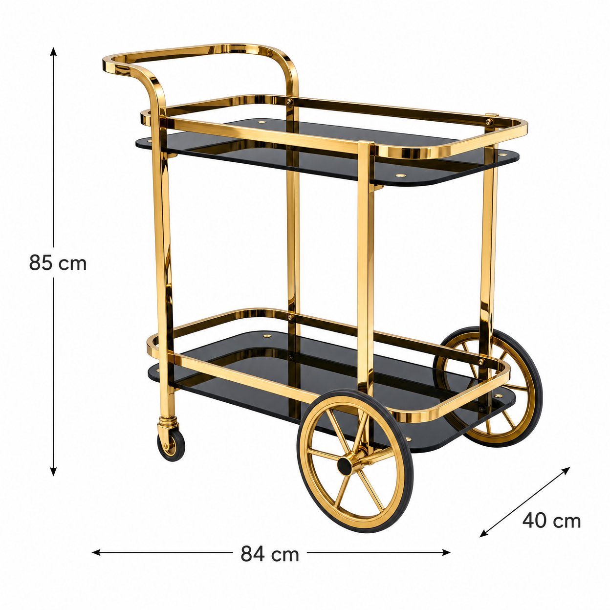 Le Versailles gold bar cart full specifications — 84cm wide x 40cm deep x 85cm tall, stainless steel frame with black glass shelves