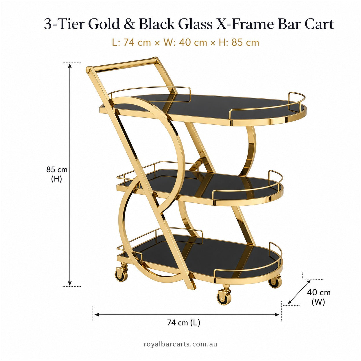 Teneriffe gold bar cart dimensions — 85cm H x 74cm L x 40cm W, three-tier curved bracket stainless steel frame