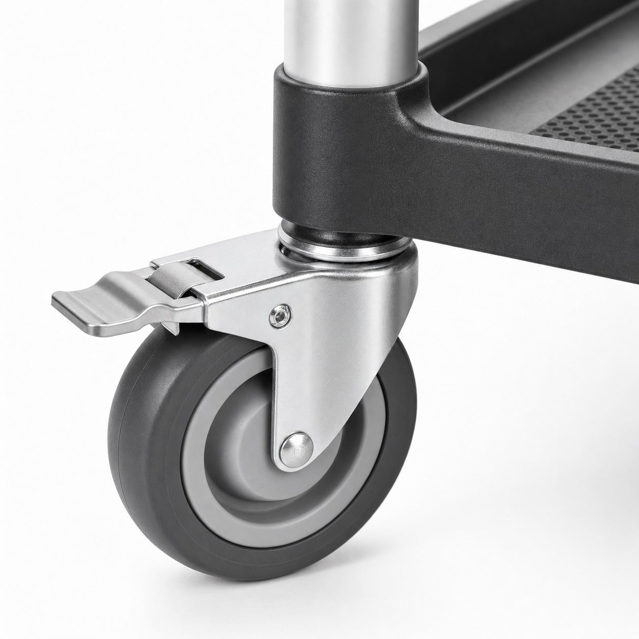 Close-up of commercial utility cart Graphite Grey silent rubber caster with foot-operated locking brake