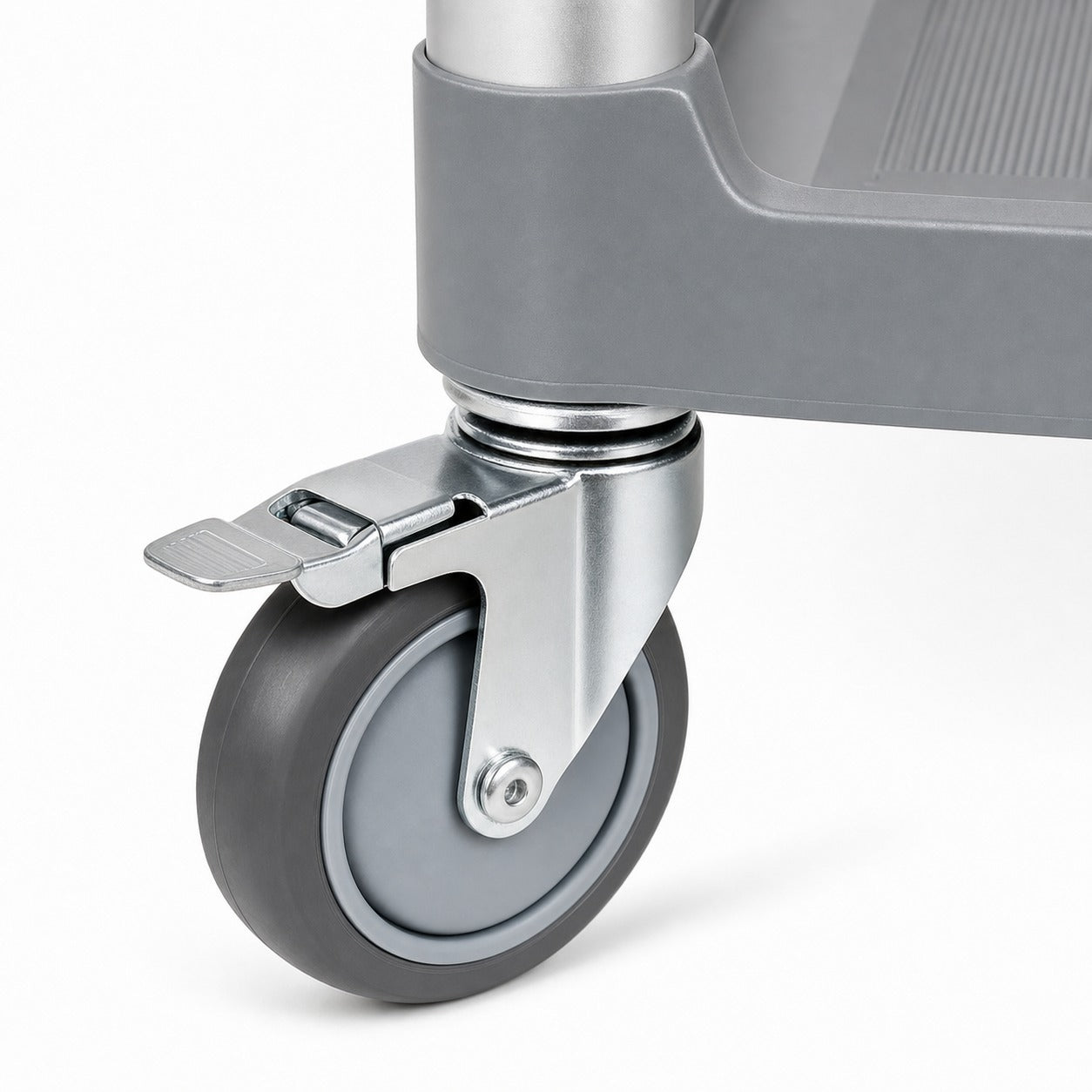 Close-up of commercial utility cart silent rubber caster wheel with locking brake — heavy-duty service trolley