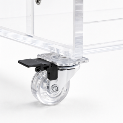 Close-up of Crystal Clear Acrylic Salon Cart 360-degree swivel caster wheel — transparent rolling beauty trolley detail