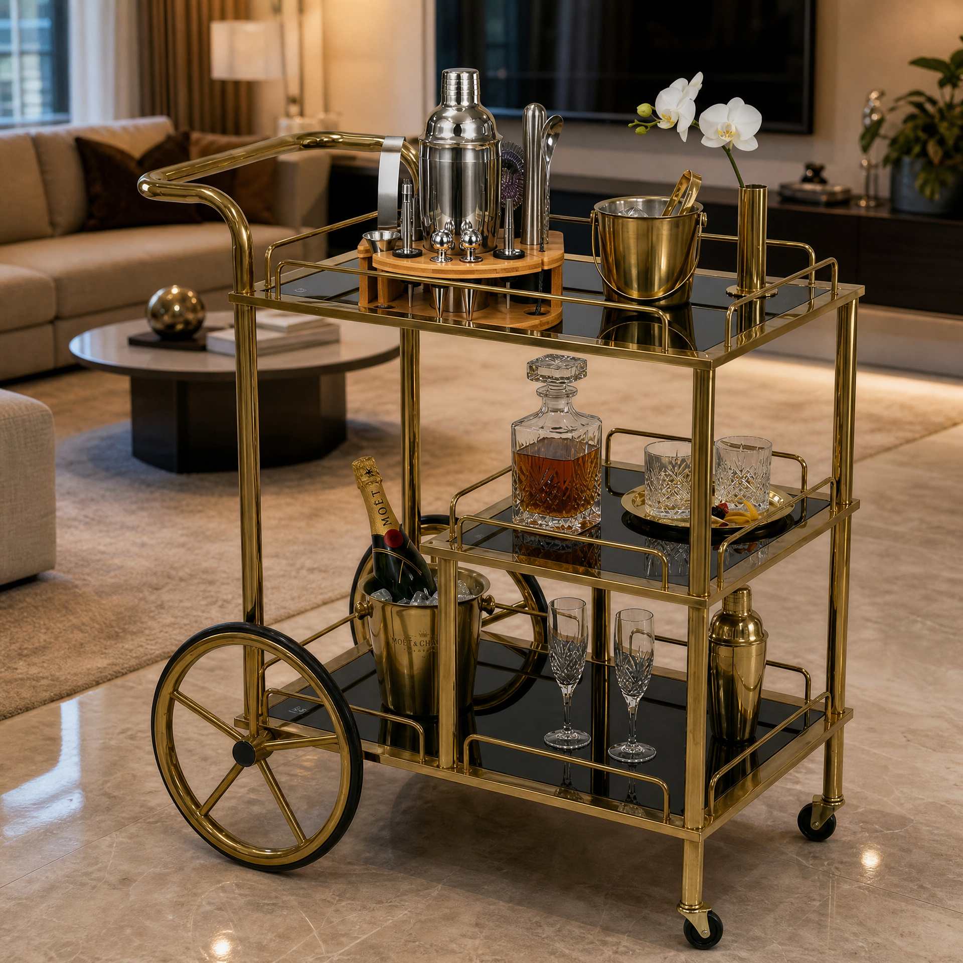 The Mixologist bartender kit styled on the gold Sovereign Bar Cart