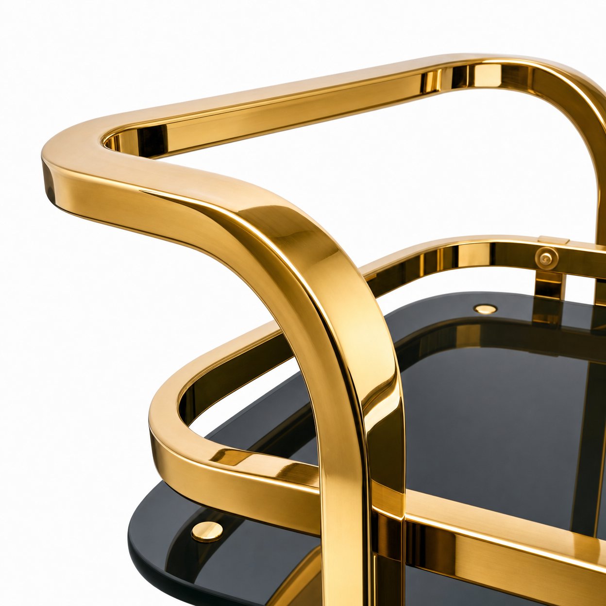 Le Versailles gold bar cart handle detail — vacuum gold plated stainless steel with fingerprint-resistant sealing finish