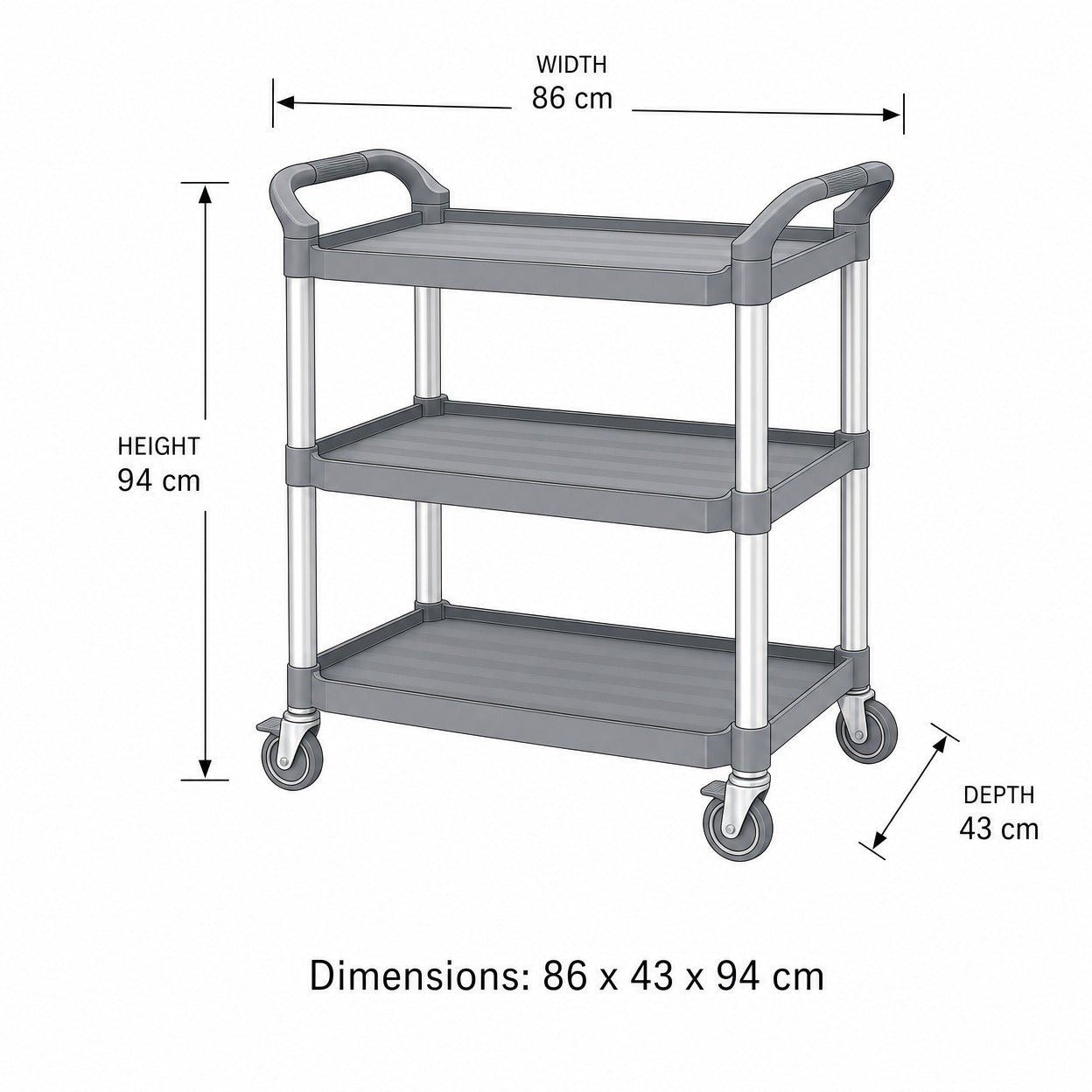Commercial utility cart Onyx Black specifications — 94cm H x 86cm W x 43cm D three-tier service trolley dimensions