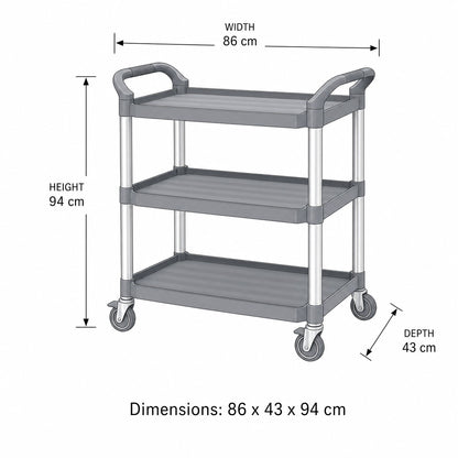 Commercial utility cart Onyx Black specifications — 94cm H x 86cm W x 43cm D three-tier service trolley dimensions