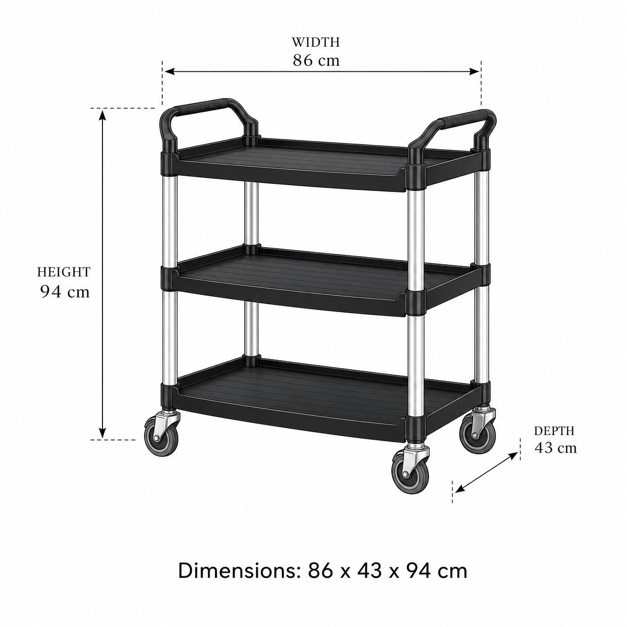 Commercial utility cart Graphite Grey specifications — three-tier heavy-duty service trolley dimensions and measurements