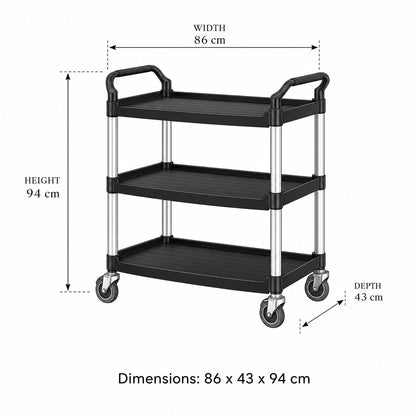 Commercial utility cart Graphite Grey specifications — three-tier heavy-duty service trolley dimensions and measurements