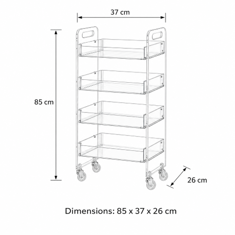 Crystal Clear Acrylic Rolling Salon Cart 4-tier specifications — 84.8cm H x 37cm W x 25.5cm D transparent acrylic salon trolley
