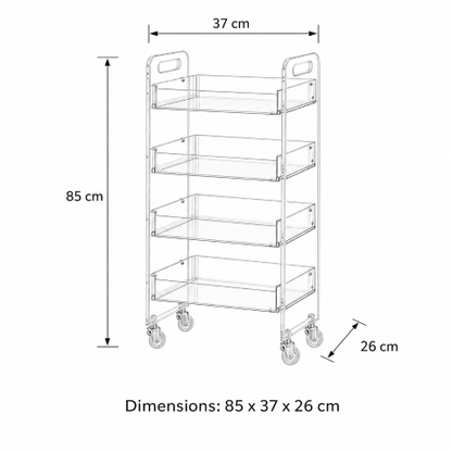 Crystal Clear Acrylic Rolling Salon Cart 4-tier specifications — 84.8cm H x 37cm W x 25.5cm D transparent acrylic salon trolley