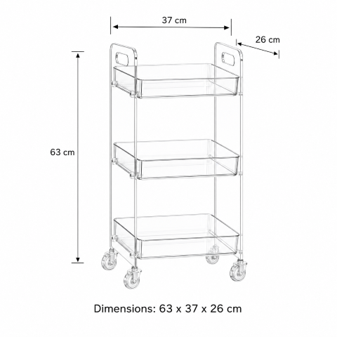 Crystal Clear Acrylic Rolling Salon Cart 3-tier specifications — 62.8cm H x 37cm W x 25.5cm D transparent salon trolley