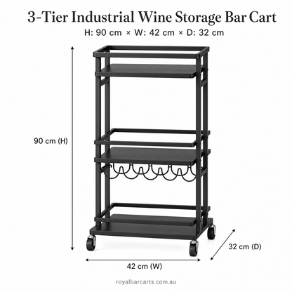 Oslo Onyx Black wine serving cart specifications and dimensions — three-tier industrial bar cart