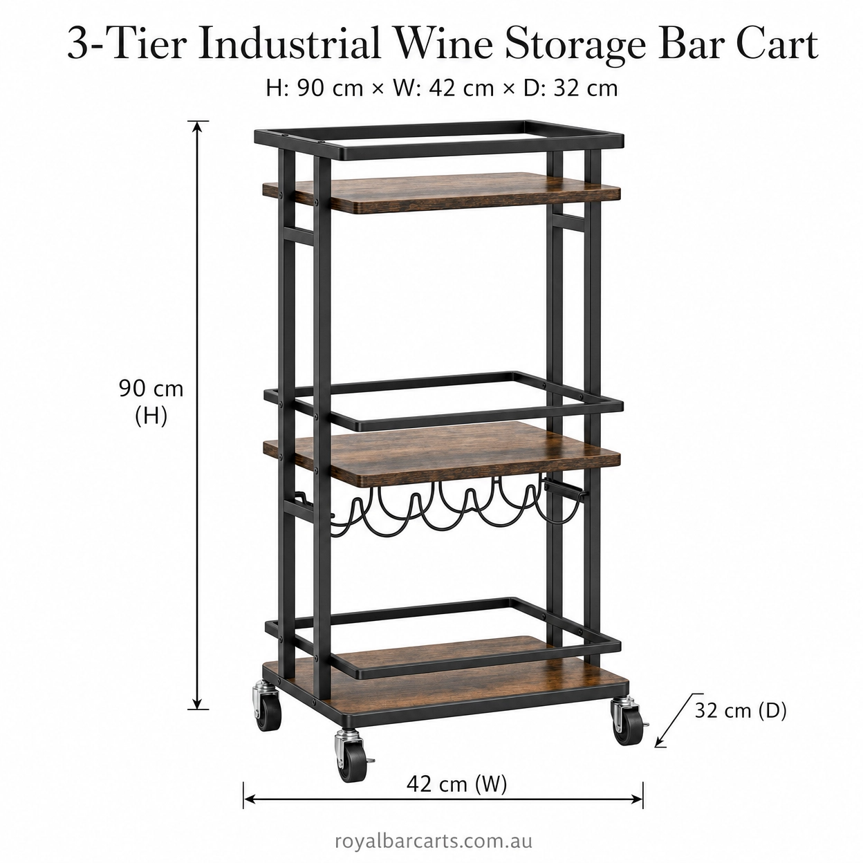 Oslo Russet Brown wine serving cart dimensions and specifications — three-tier industrial wine rack trolley