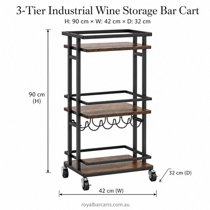 Oslo Russet Brown wine serving cart dimensions and specifications — three-tier industrial wine rack trolley