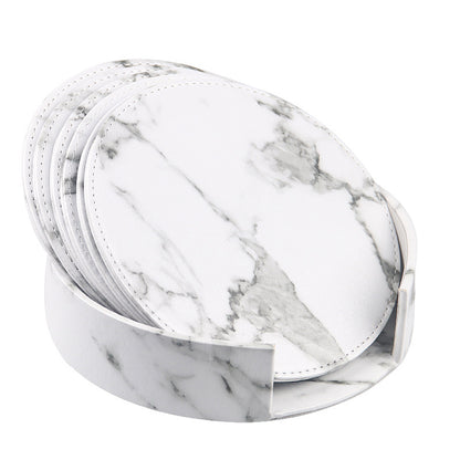 Round leather placemat set of 6 in white marble pattern with matching storage caddy