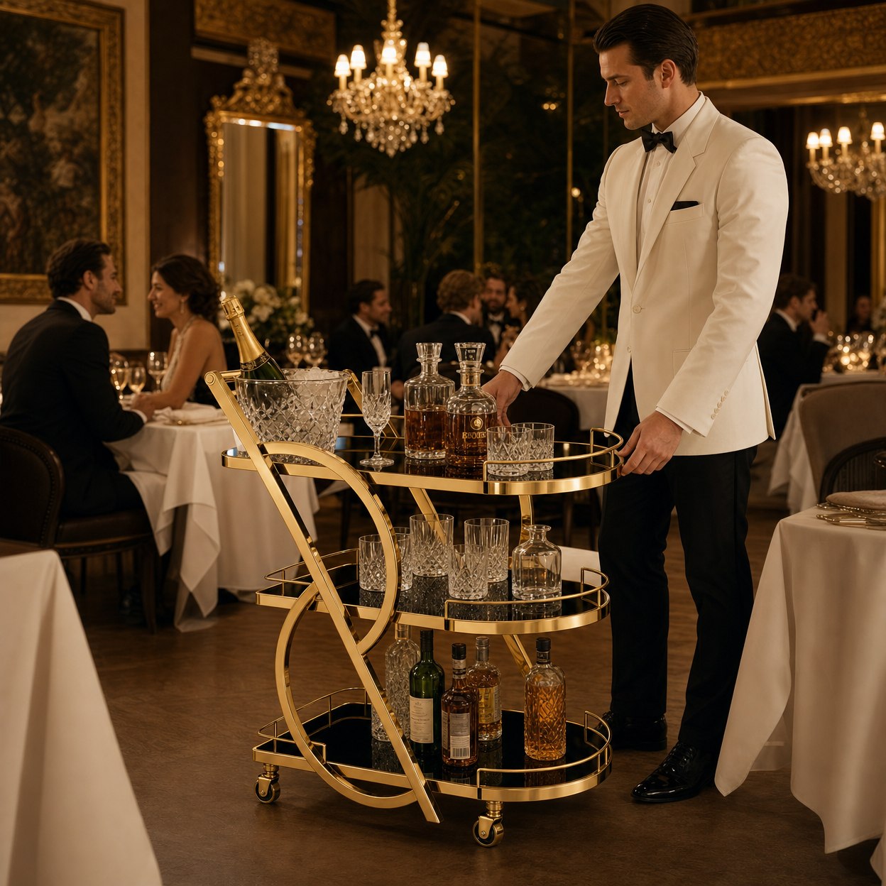 Teneriffe gold serving cart in restaurant — commercial three-tier gold bar trolley for hospitality venues