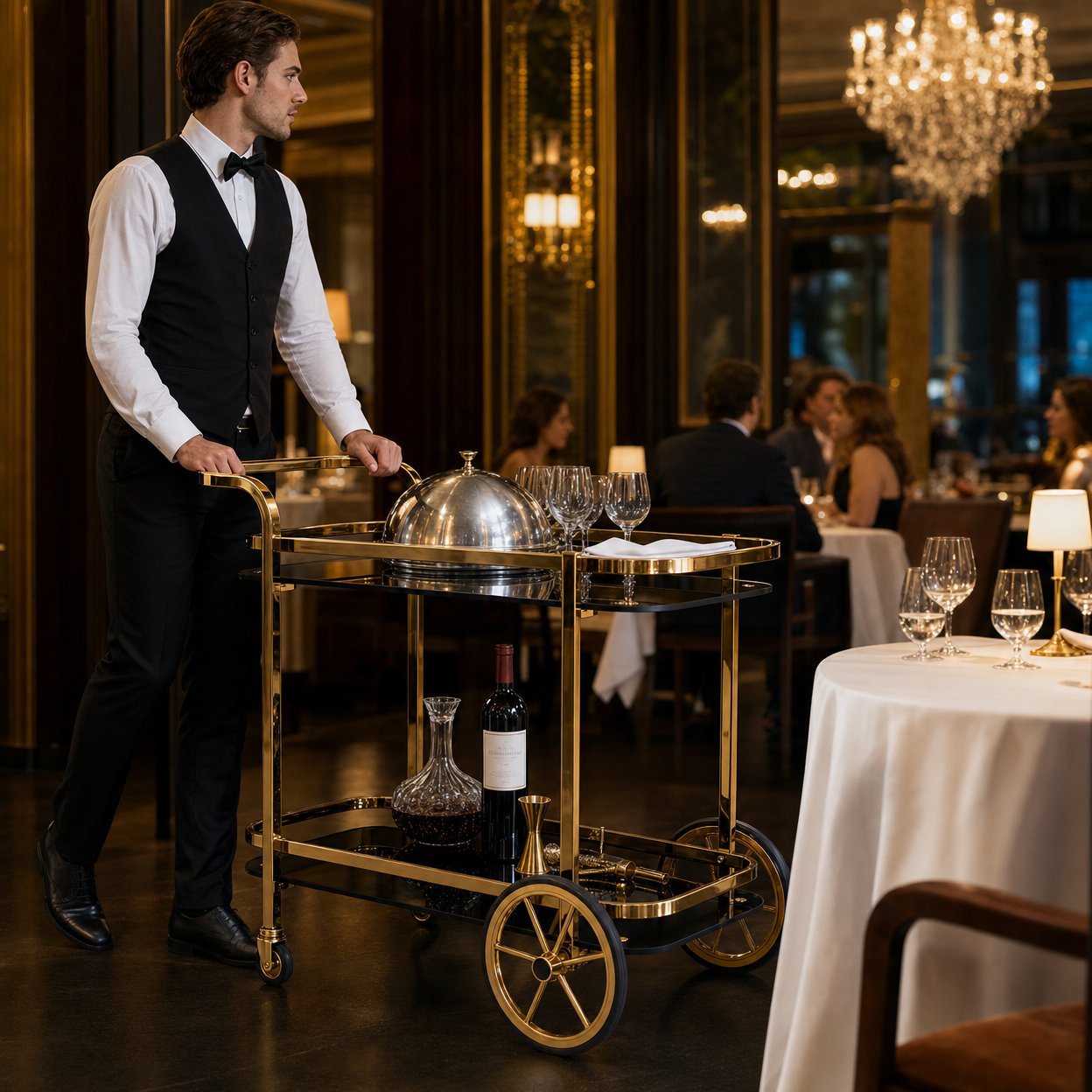 Le Versailles gold bar cart in luxury restaurant — premium tableside service drinks trolley for hospitality venues