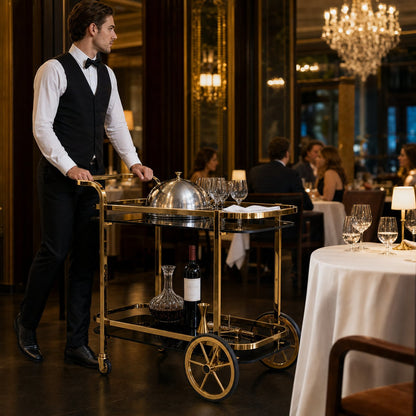 Le Versailles gold bar cart in luxury restaurant — premium tableside service drinks trolley for hospitality venues