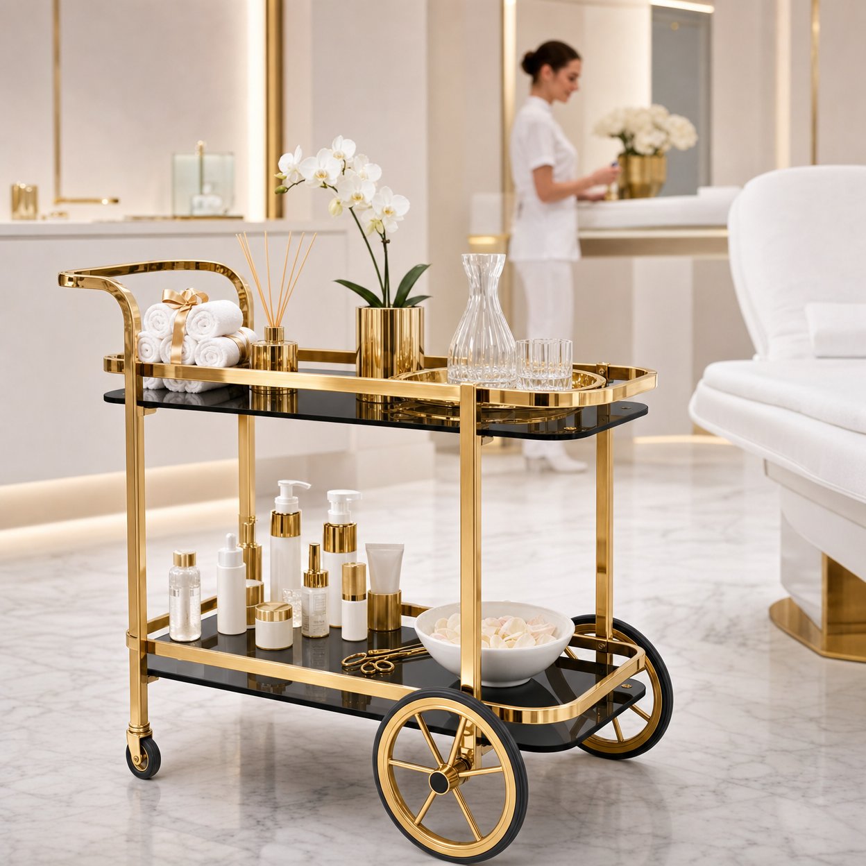 Gold bar cart in aesthetic clinic — Le Versailles luxury trolley styled for premium beauty and wellness venues Australia