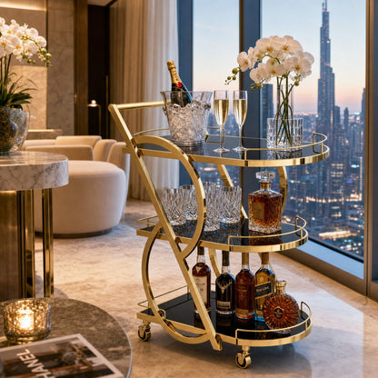 Teneriffe gold bar cart in hotel setting — premium three-tier gold drinks trolley for commercial use
