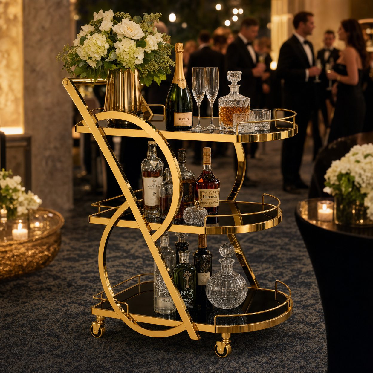 Teneriffe three-tier gold serving cart at catering event — commercial gold bar trolley Australia