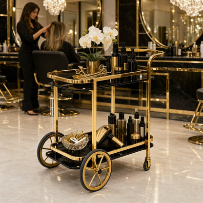 Le Versailles gold bar cart in luxury hair salon — premium service trolley for high-end salons Australia
