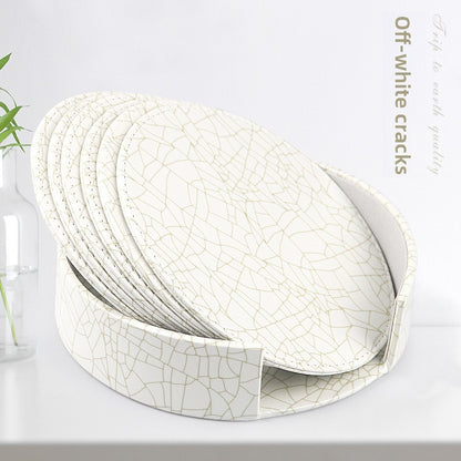 Round leather placemat set of 6 in Beige Ice Crack pattern with matching storage caddy