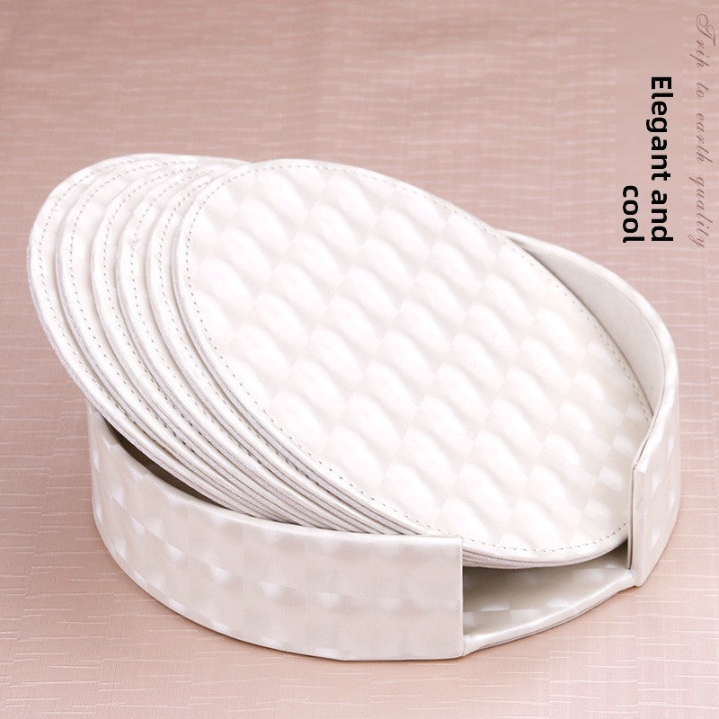 Round leather placemat set of 6 in Elegant and Cool cream weave pattern with storage caddy