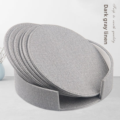 Round leather placemat set of 6 in Dark Grey Linen with matching storage caddy