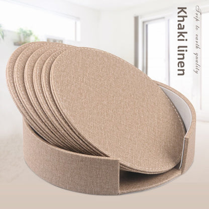 Round leather placemat set of 6 in Khaki Linen with matching storage caddy