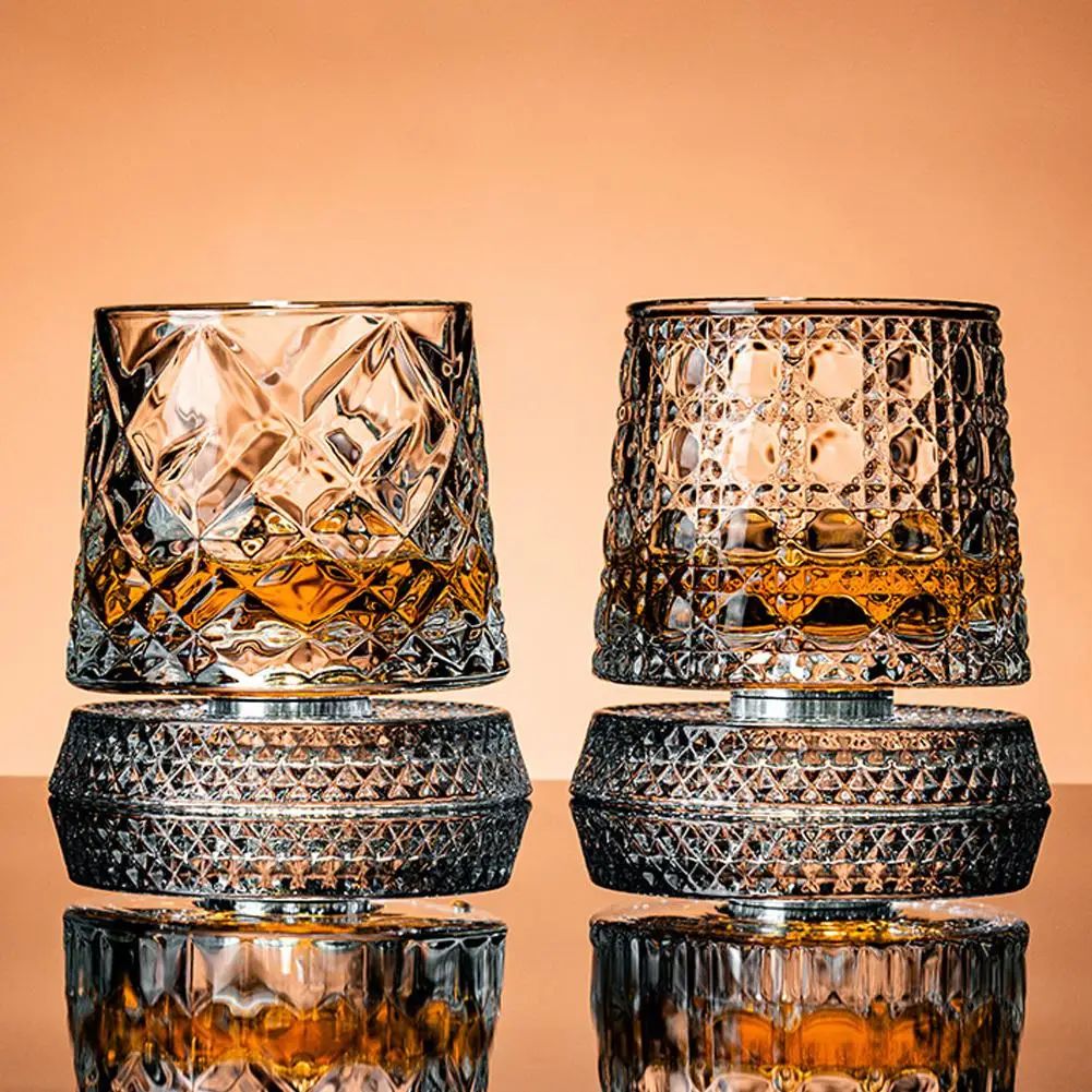 Rotating Base Crystal Whiskey Glasses — Set of 2